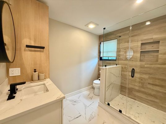 Bathroom, Glass Shower, Interior, Marble, Recessed Lighting