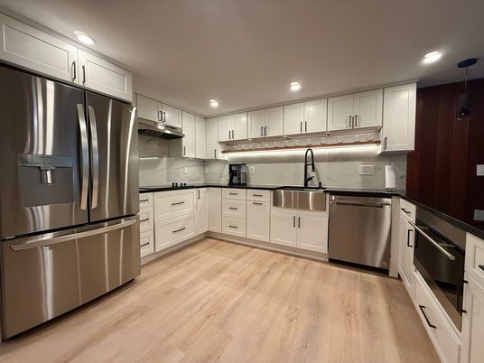 Interior, Kitchen, Recessed Lighting, Stainless Steel Appliances, Wood Texture Flooring
