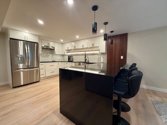 Interior, Kitchen, Pendant Lights, Recessed Lighting, Stainless Steel Appliances, Wood Texture Flooring