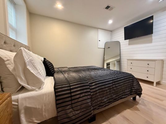 Bedroom, Interior, Recessed Lighting, Wood Texture Flooring