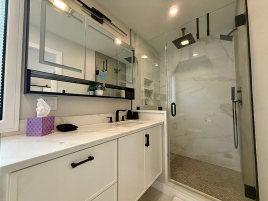 Bathroom, Glass Shower, Interior, Marble Walls, Recessed Lighting