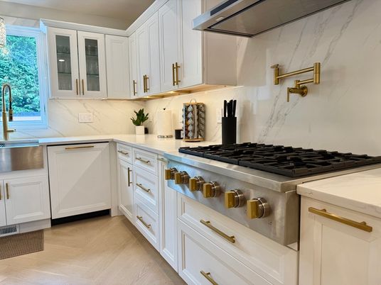 Interior, Kitchen, Marble Walls, Stainless Steel Appliances, Wood Texture Flooring
