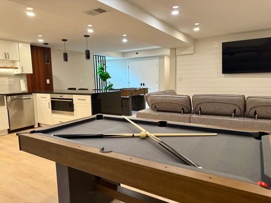 Billiard Table, Game Room, Interior, Pendant Lights, Recessed Lighting, Wood Texture Flooring