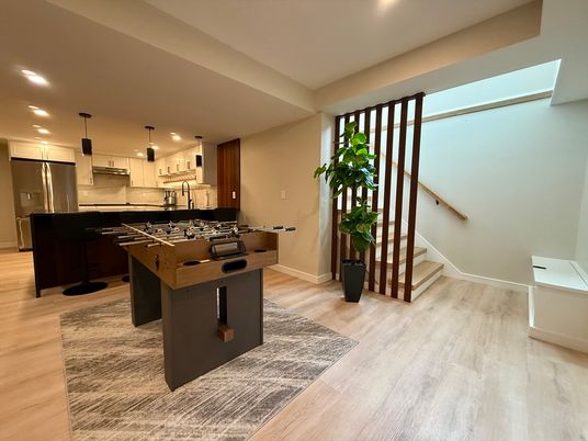 Interior, Kitchen, Pendant Lights, Recessed Lighting, Stainless Steel Appliances, Wood Texture Flooring