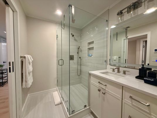 Bathroom, Glass Shower, Interior, Recessed Lighting, Wood Texture Flooring