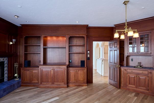Fireplace, Interior, Pendant Lights, Recessed Lighting, Wood Texture Flooring, Wooden Walls
