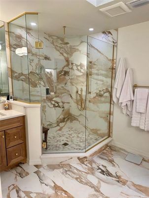 Bathroom, Glass Shower, Interior, Marble, Marble Walls, Recessed Lighting