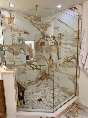 Bathroom, Glass Shower, Interior, Marble Walls, Recessed Lighting