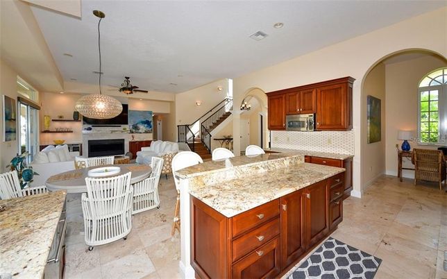 Dining room, Fireplace, Interior, Kitchen, Living room, Pendant Lights, Recessed Lighting