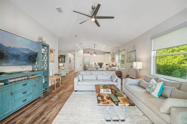 Interior, Kitchen, Living room, Pendant Lights, Recessed Lighting, Wood Texture Flooring