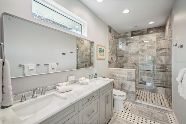 Bathroom, Dual Sink Vanities, Glass Shower, Interior, Recessed Lighting