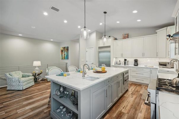 Interior, Kitchen, Pendant Lights, Recessed Lighting, Stainless Steel Appliances, Wood Texture Flooring