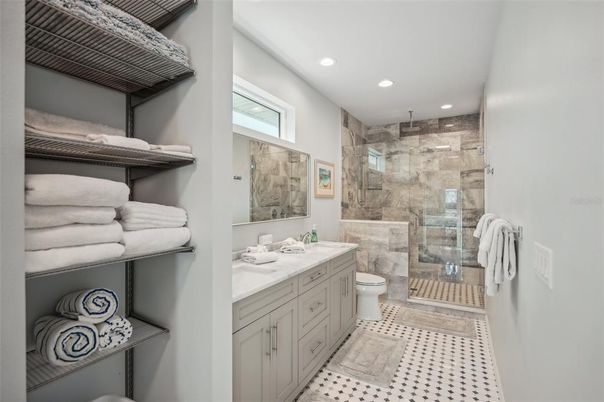 Bathroom, Dual Sink Vanities, Glass Shower, Interior, Recessed Lighting