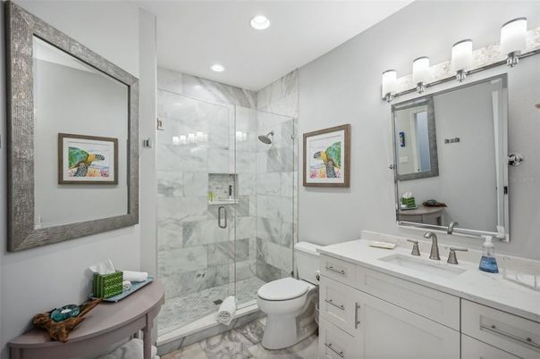 Bathroom, Glass Shower, Interior, Marble, Marble Walls, Recessed Lighting