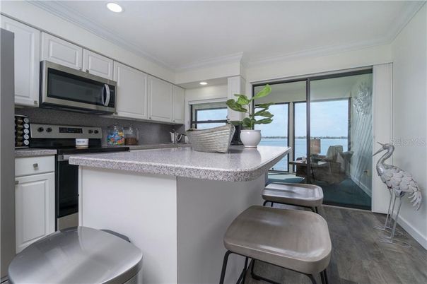 Interior, Kitchen, Recessed Lighting, Stainless Steel Appliances, Water, Wood Texture Flooring