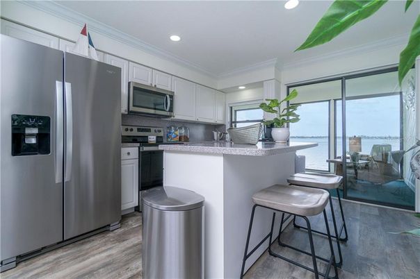 Interior, Kitchen, Recessed Lighting, Stainless Steel Appliances, Water, Wood Texture Flooring
