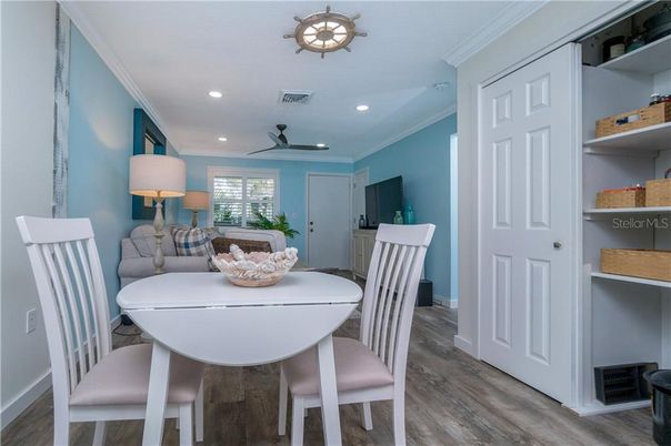 Dining room, Interior, Recessed Lighting, Wood Texture Flooring