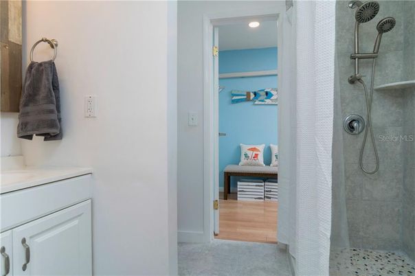 Bathroom, Glass Shower, Interior, Recessed Lighting, Wood Texture Flooring