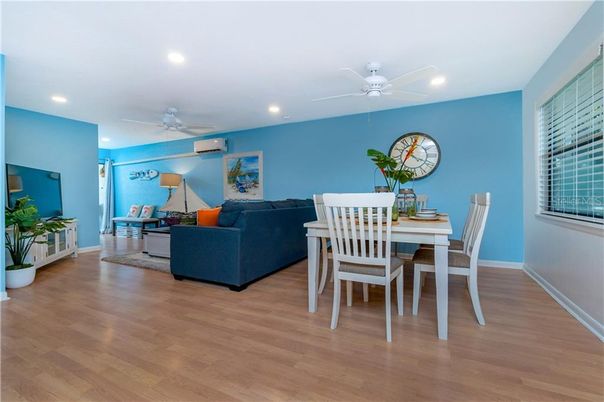 Dining room, Interior, Living room, Recessed Lighting, Wood Texture Flooring