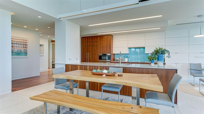 Dining room, Interior, Kitchen, Pendant Lights, Recessed Lighting, Stainless Steel Appliances, Wood Texture Flooring