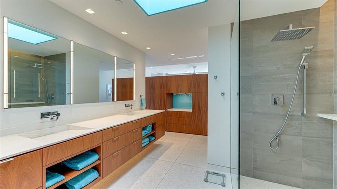 Bathroom, Dual Sink Vanities, Glass Shower, Interior, Recessed Lighting