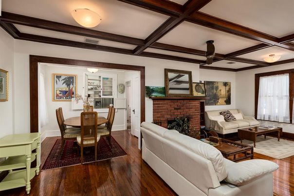 Dining room, Fireplace, Interior, Living room, Wooden Beams, Wood Texture Flooring