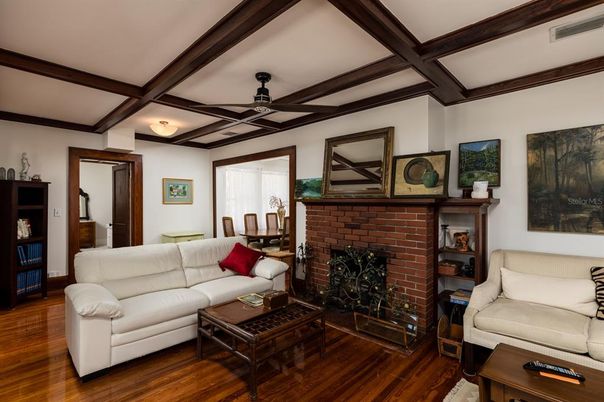 Dining room, Fireplace, Interior, Living room, Wooden Beams, Wood Texture Flooring