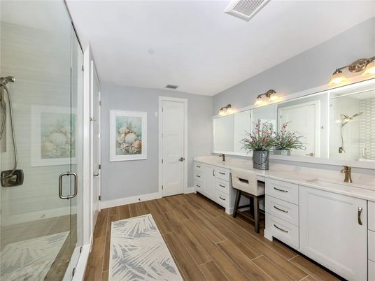 Bathroom, Dual Sink Vanities, Glass Shower, Interior, Wood Texture Flooring