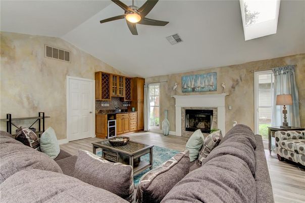 Fireplace, Interior, Kitchen, Living room, Wood Texture Flooring