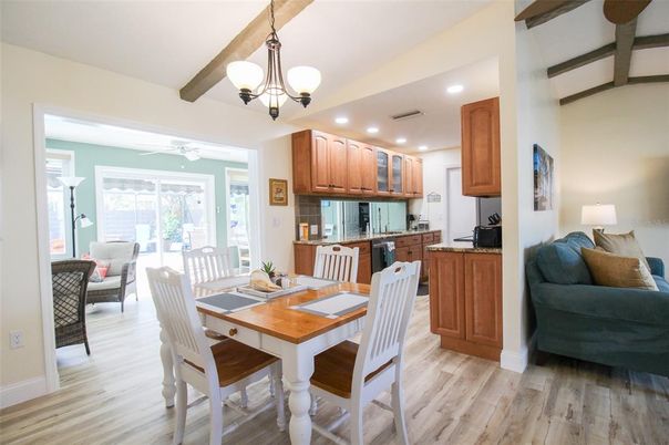 Interior, Kitchen, Wood Texture Flooring, Recessed Lighting, Living room, Dining room, Wooden Beams, Stainless Steel Appliances, Pendant Lights