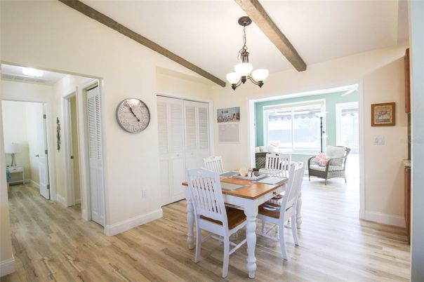 Interior, Wood Texture Flooring, Dining room, Wooden Beams, Chandelier, Pendant Lights