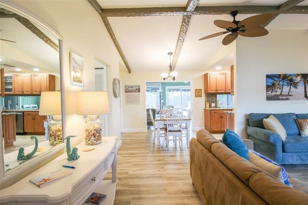 Interior, Kitchen, Wood Texture Flooring, Recessed Lighting, Living room, Dining room, Wooden Beams, Stainless Steel Appliances, Pendant Lights