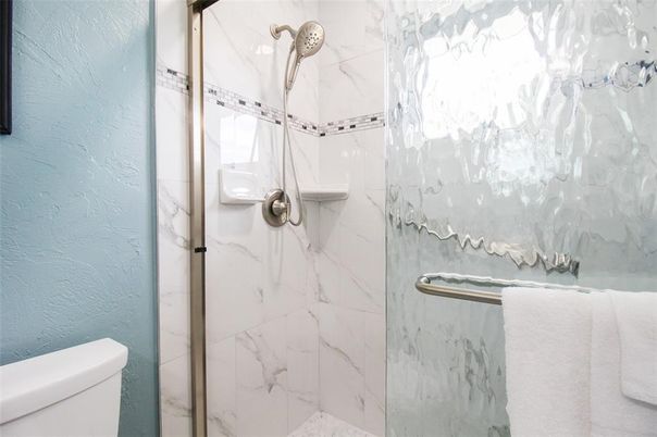 Interior, Bathroom, Glass Shower, Marble Walls
