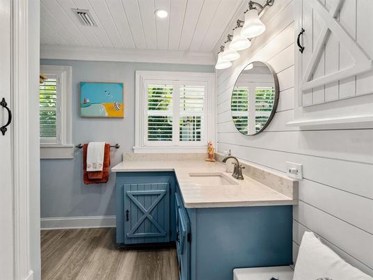 Bathroom, Dual Sink Vanities, Interior, Recessed Lighting, Wood Texture Flooring