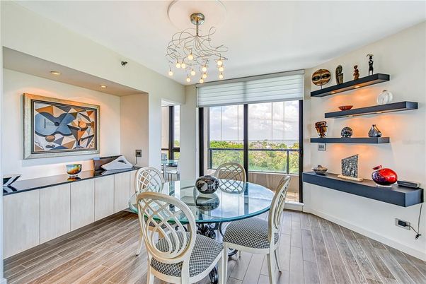 Dining room, Interior, Pendant Lights, Recessed Lighting, Wood Texture Flooring