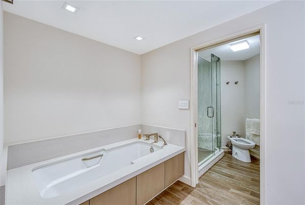 Bathroom, Glass Shower, Interior, Recessed Lighting, Wood Texture Flooring