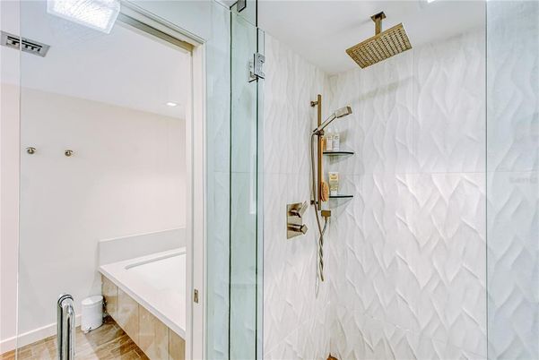 Bathroom, Glass Shower, Interior, Recessed Lighting, Wood Texture Flooring
