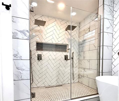Bathroom, Free Standing Baths, Glass Shower, Interior, Marble Walls, Recessed Lighting