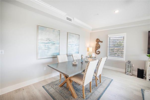 Dining room, Interior, Recessed Lighting, Wood Texture Flooring