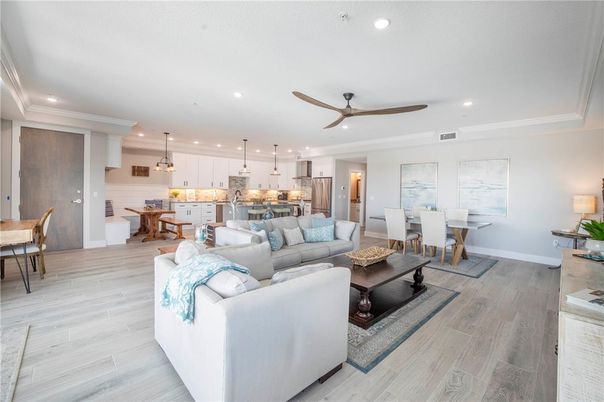 Dining room, Interior, Kitchen, Living room, Pendant Lights, Recessed Lighting, Stainless Steel Appliances, Wood Texture Flooring