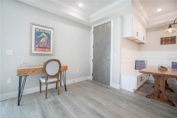 Home Office, Interior, Pendant Lights, Recessed Lighting, Wood Texture Flooring