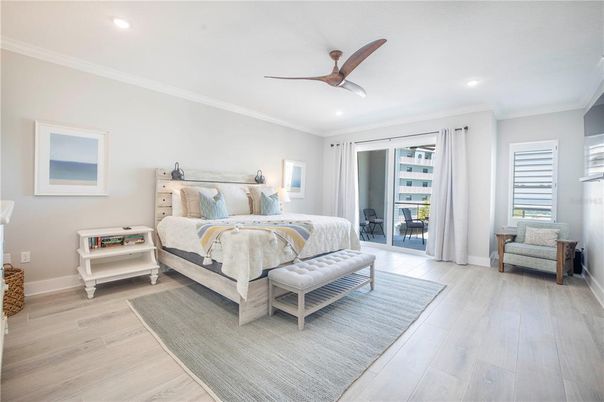 Bedroom, Interior, Recessed Lighting, Wood Texture Flooring