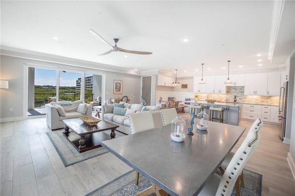 Dining room, Interior, Kitchen, Living room, Pendant Lights, Recessed Lighting, Wood Texture Flooring
