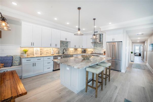 Interior, Kitchen, Pendant Lights, Recessed Lighting, Stainless Steel Appliances, Wood Texture Flooring