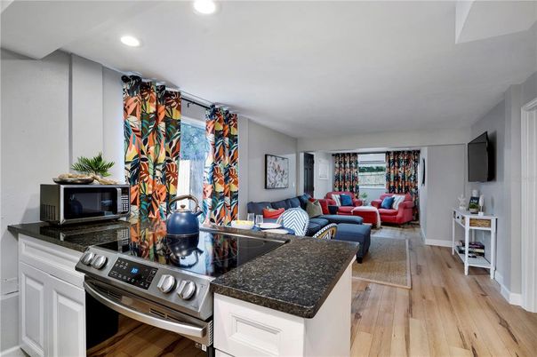 Interior, Kitchen, Living room, Recessed Lighting, Stainless Steel Appliances, Wood Texture Flooring