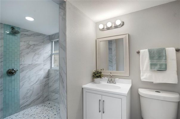 Bathroom, Glass Shower, Interior, Marble Walls, Recessed Lighting