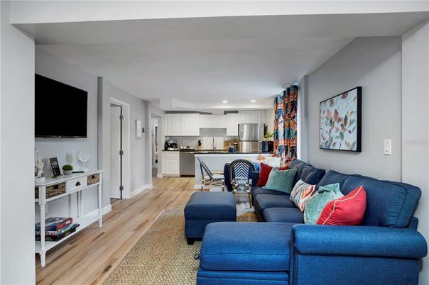 Interior, Kitchen, Living room, Recessed Lighting, Stainless Steel Appliances, Wood Texture Flooring