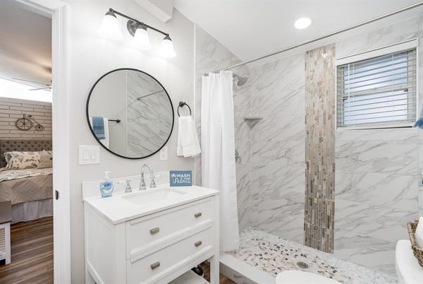 Bathroom, Bedroom, Glass Shower, Interior, Marble Walls, Recessed Lighting, Wood Texture Flooring
