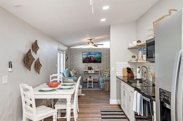 Dining room, Interior, Recessed Lighting, Stone Walls, Wood Texture Flooring