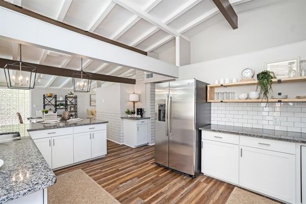 Interior, Kitchen, Pendant Lights, Stainless Steel Appliances, Wooden Beams, Wood Texture Flooring